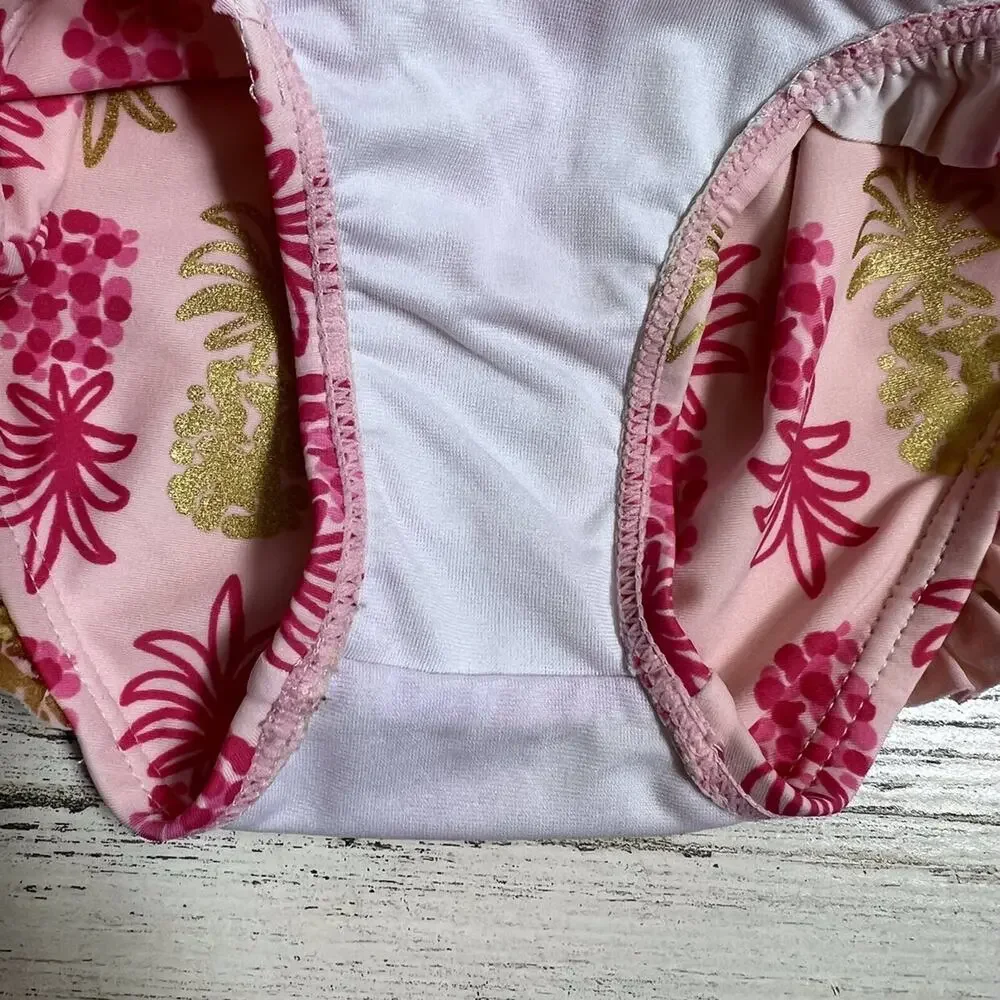 🍄 3/$15 Kiko & Max Swimsuit Girls 12M Pink Pineapple One Piece Bow Back Ruffle